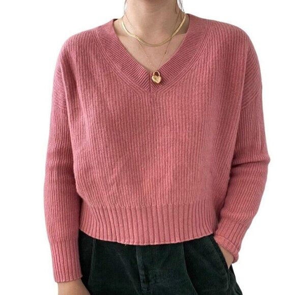 Saks Fifth Avenue Womens Pink 100% Cashmere Soft V Neck Ribbed Sweater Sz L - Picture 1 of 7
